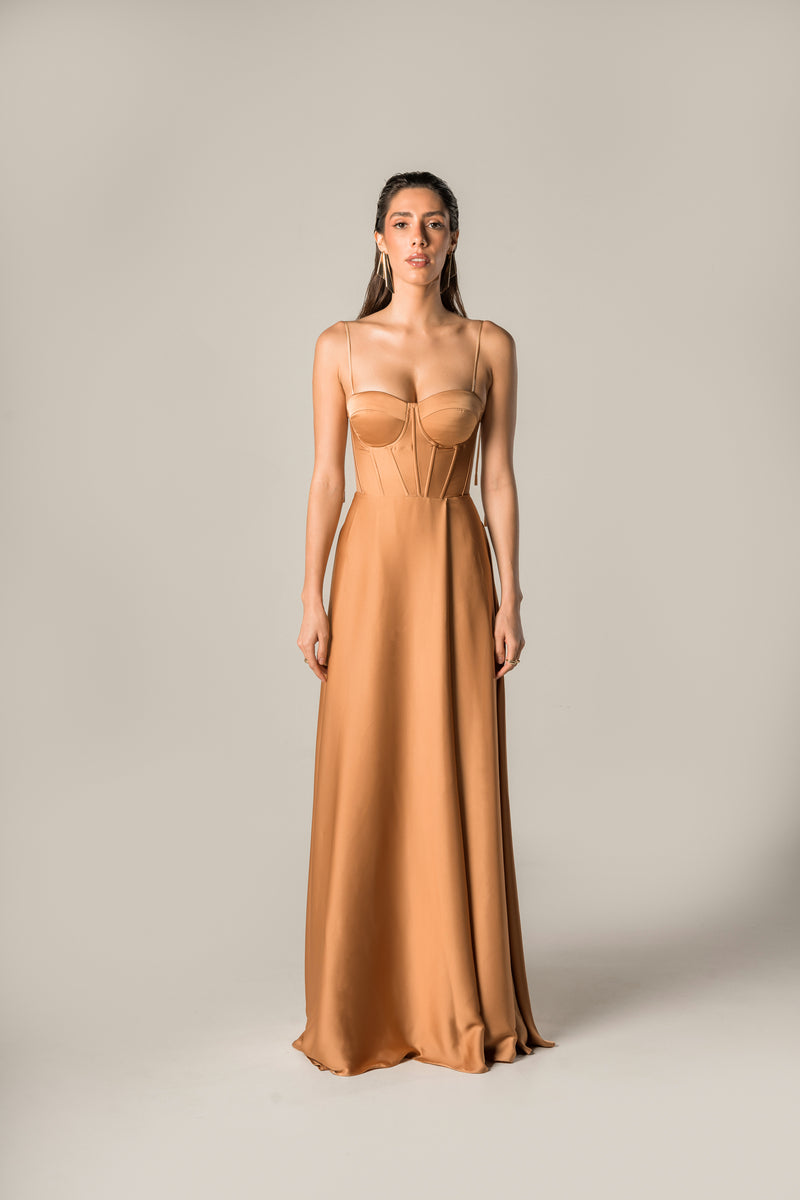 Elysia Abito Lungo In Raso Con Corsetto Steccato E Gonna A Ruota Con